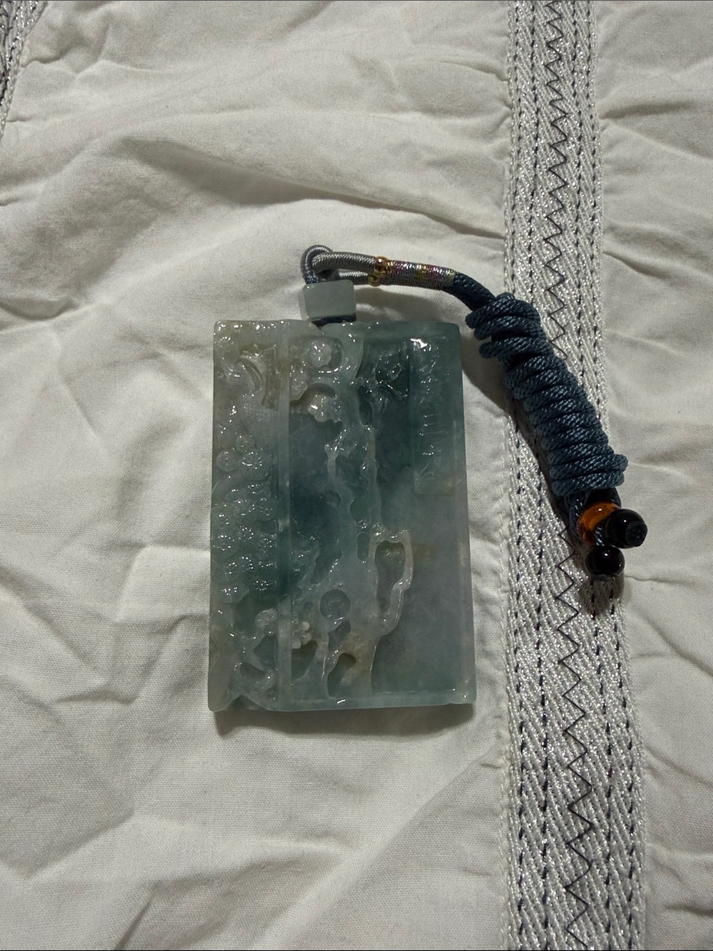 Green Jade Carved Pendant Necklace with Blue Cord